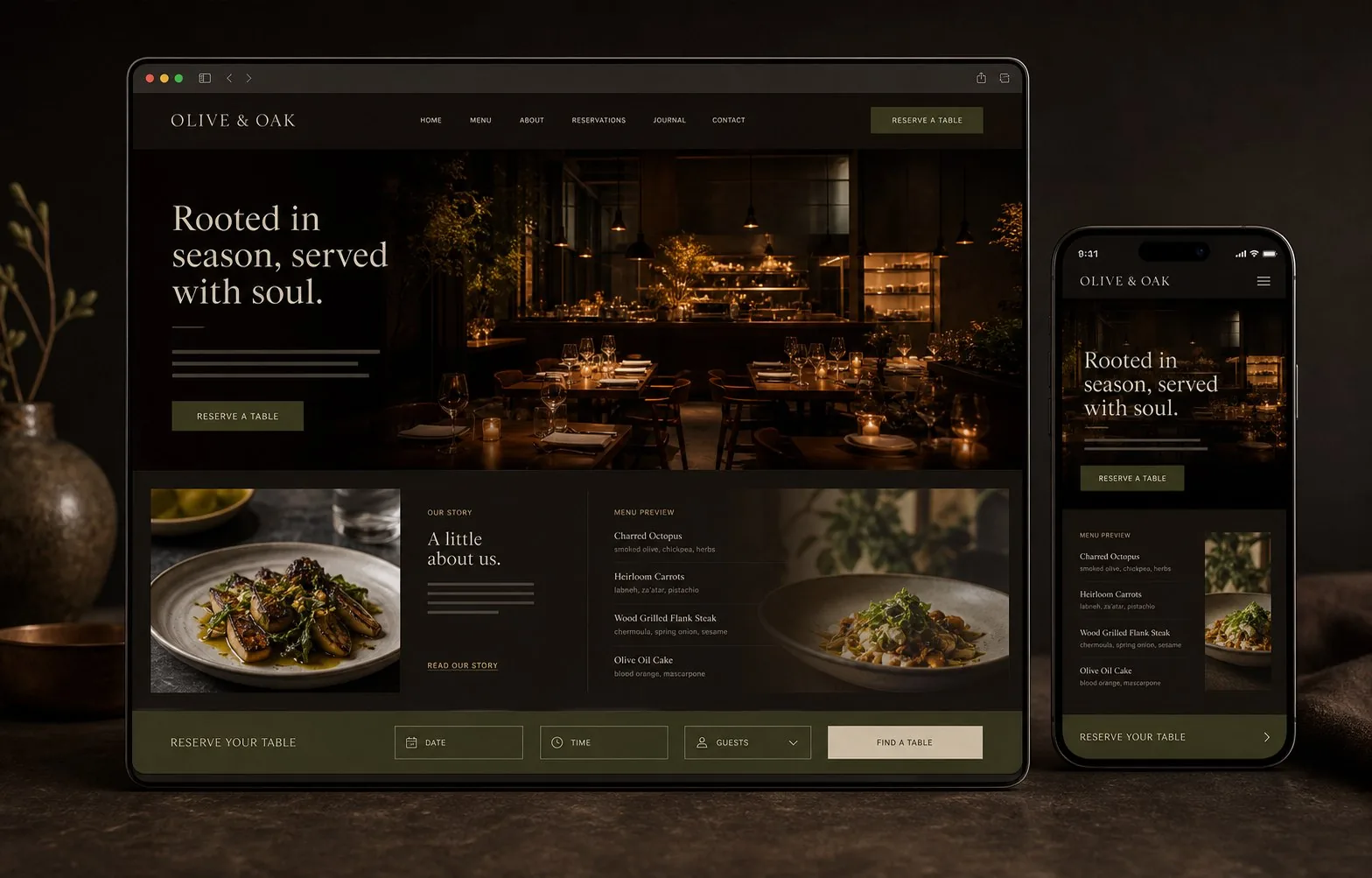 Olive and Oak restaurant website concept shown on responsive devices