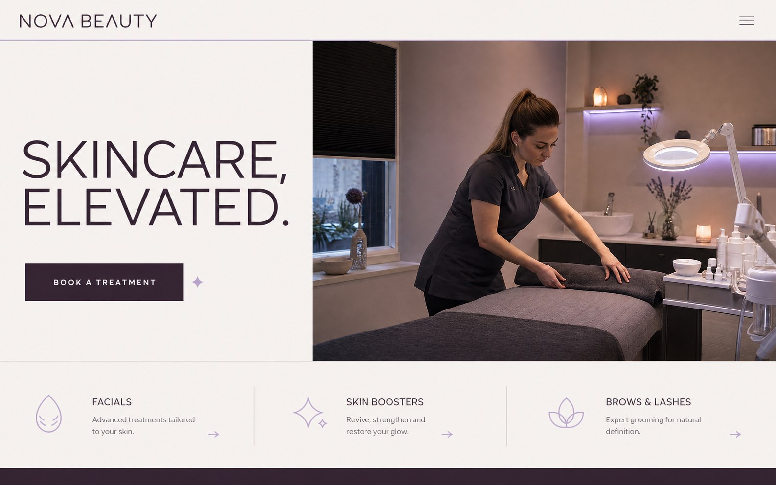 Nova Beauty treatment booking website concept homepage