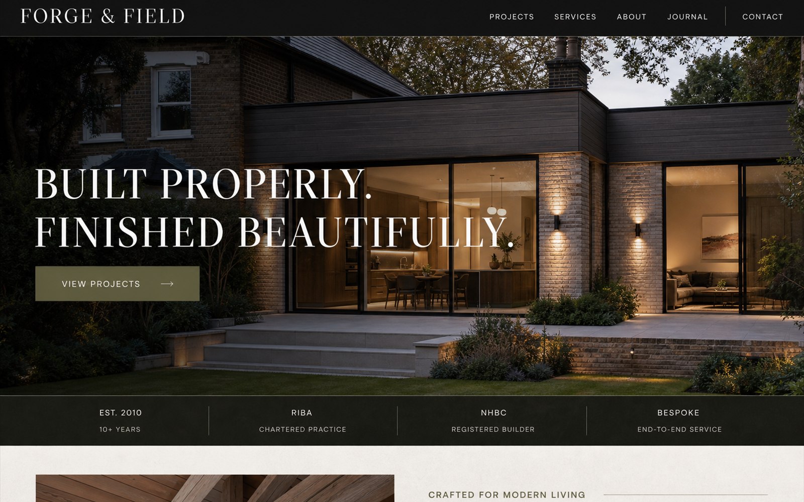 Forge and Field builders website concept homepage