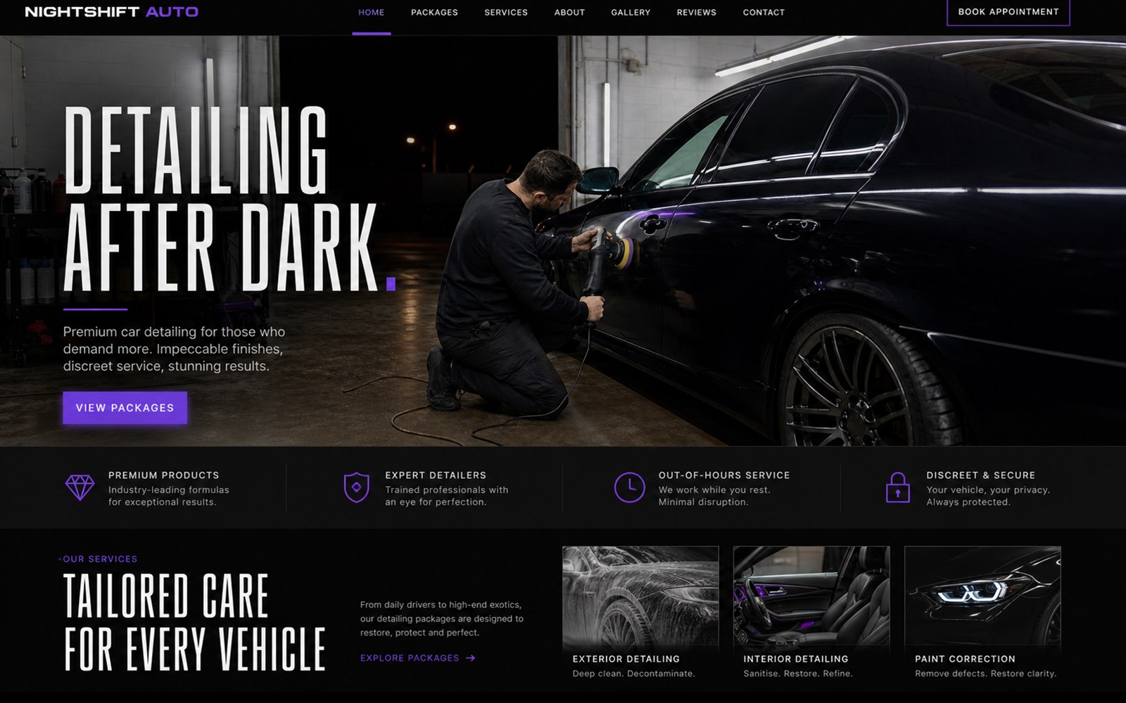 Nightshift Auto car detailing website concept homepage