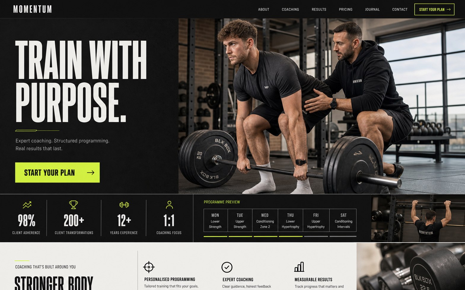Momentum personal training website concept homepage